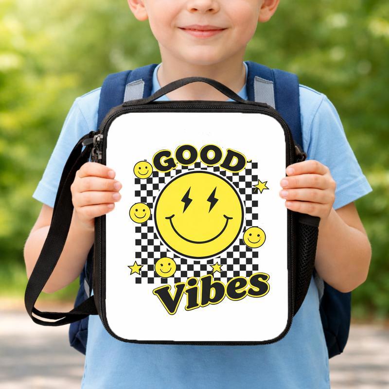 Good Vibes Smiley Lunch Bag - Retro Kids School Style Lunch Box Bag