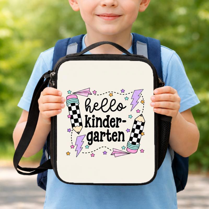Hello Kindergarten Lunch Bag - Retro Checkerboard School Style Lunch Box Bag