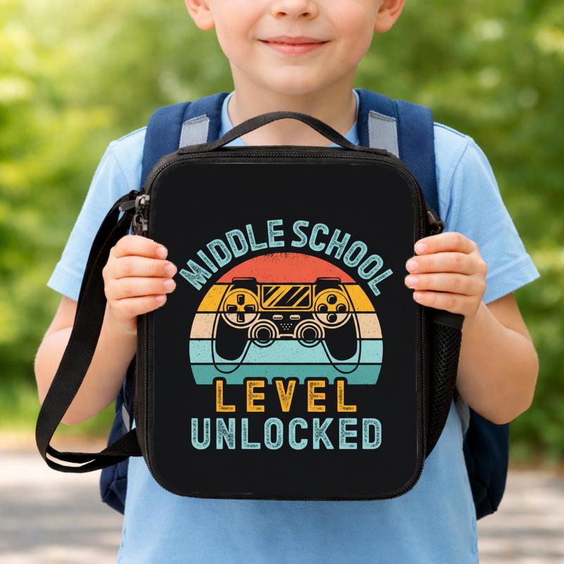 Middle School Level Unlocked Lunch Bag - Retro Gamer School Style Lunch Box Bag
