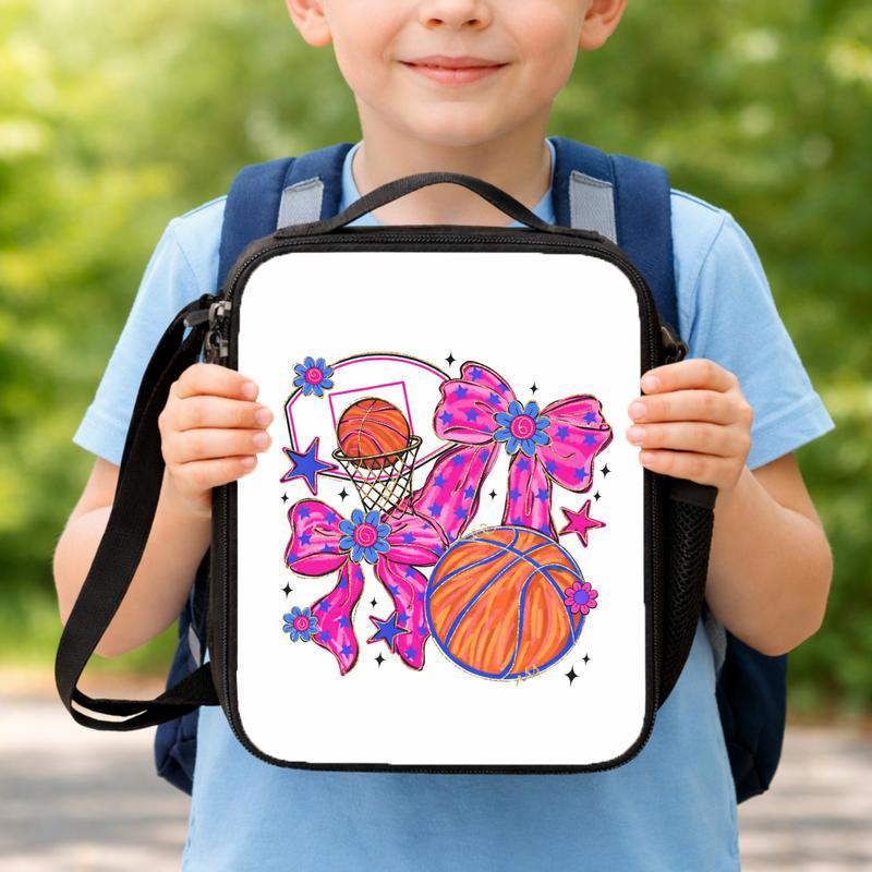Pink Basketball Lunch Bag - Back To School Girl Bow Sport Style Lunch Box Bag