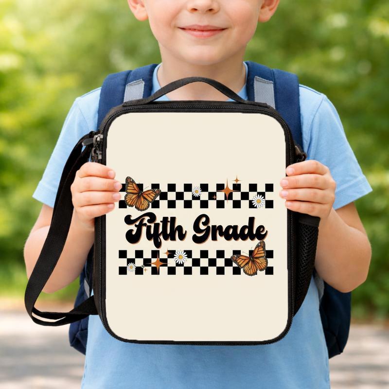 Retro 5th Grade Lunch Bag - Elementary School Butterfly Checkered Lunch Box Bag