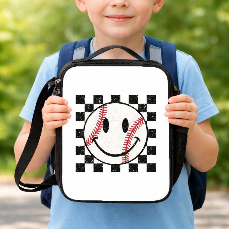 Smiley Face Baseball Lunch Bag - Retro Checkered Kids Bag Lunch Box Bag