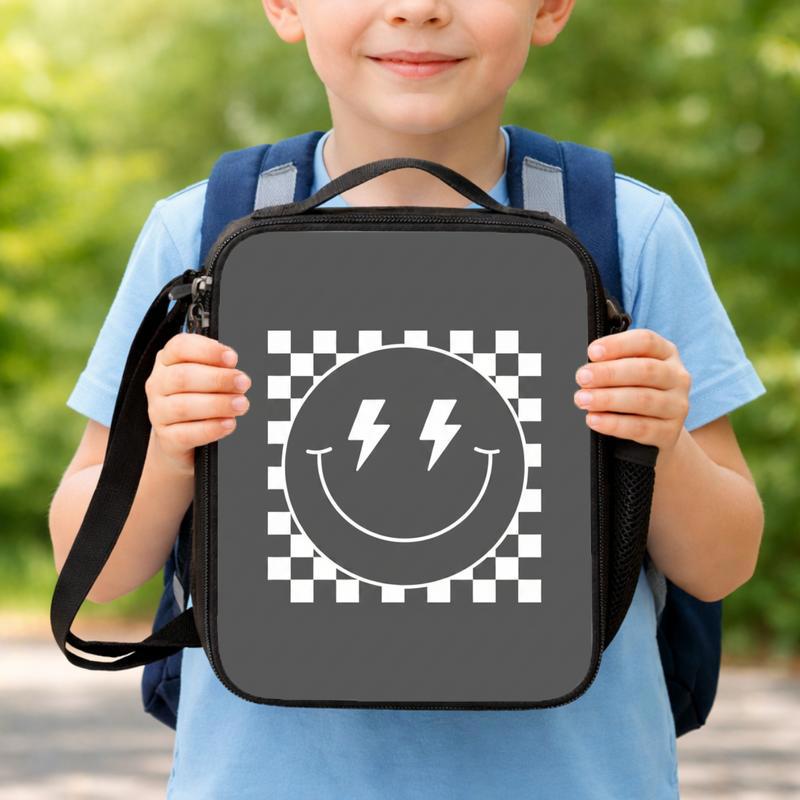 Smiley Lightning Face Checkerboard - Trendy Kids Lunch Bag Lunch Box Bag
