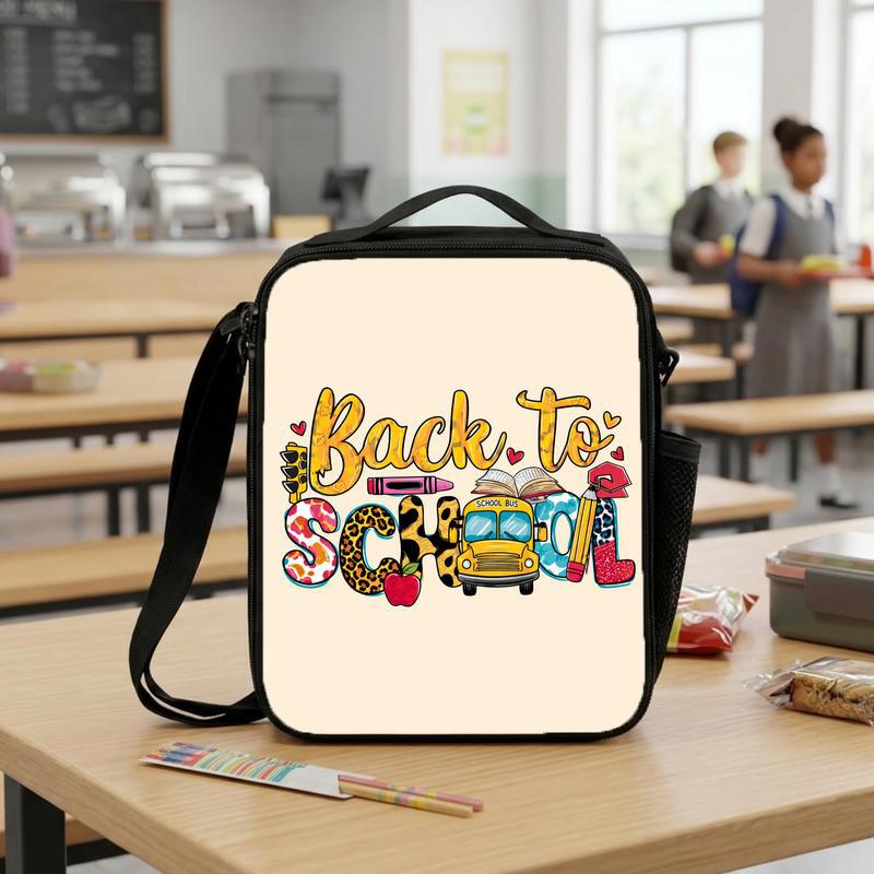 Back To School Kids Lunch Bag - Cute Bus & School Icons Lunch Box Bag