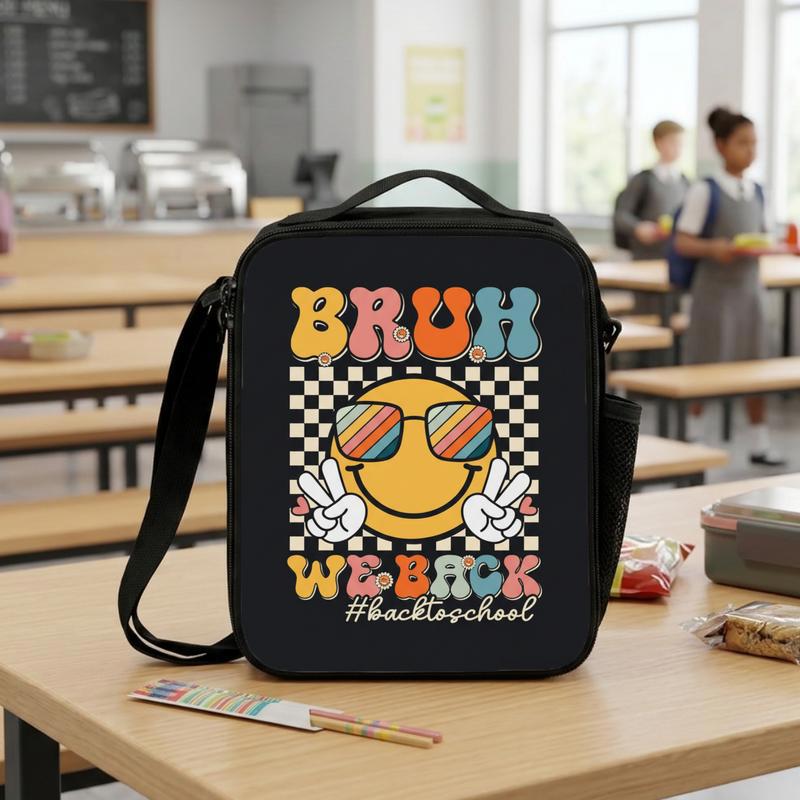 Bruh We Back Lunch Bag - Funny Smiley School Style Lunch Box Bag Bruh We Back Lunch Bag - Funny Smiley School Style Lunch Box Bag