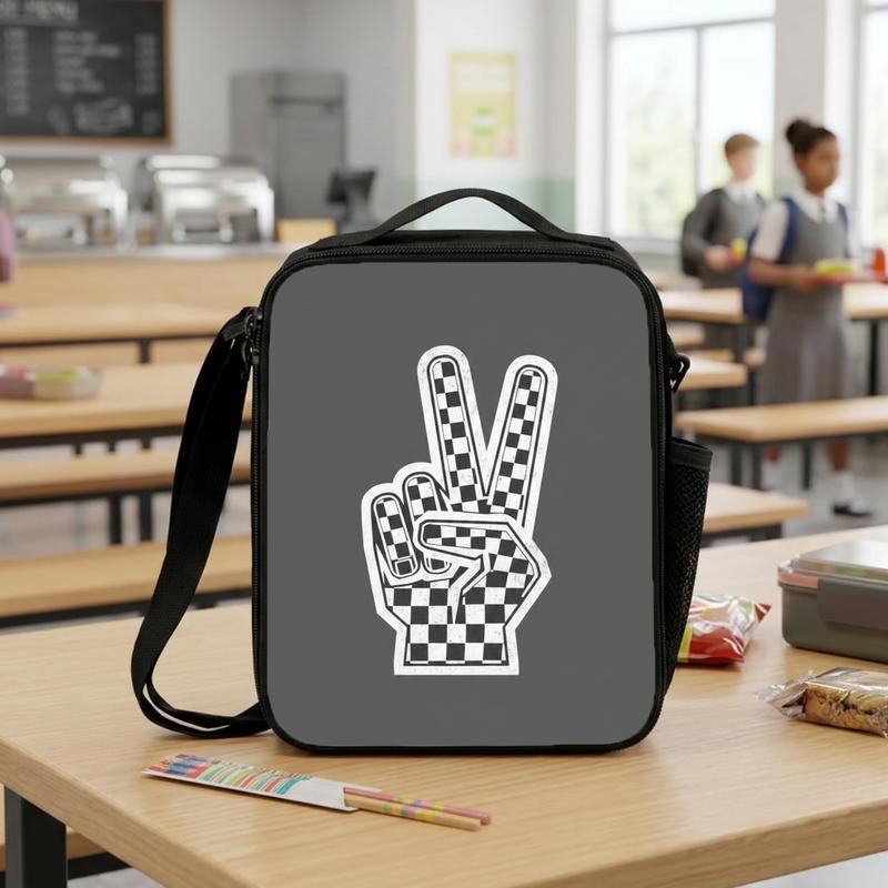 Checkerboard Peace Hand Lunch Bag - Retro Cool School Style Lunch Box Bag Checkerboard Peace Hand Lunch Bag - Retro Cool School Style Lunch Box Bag