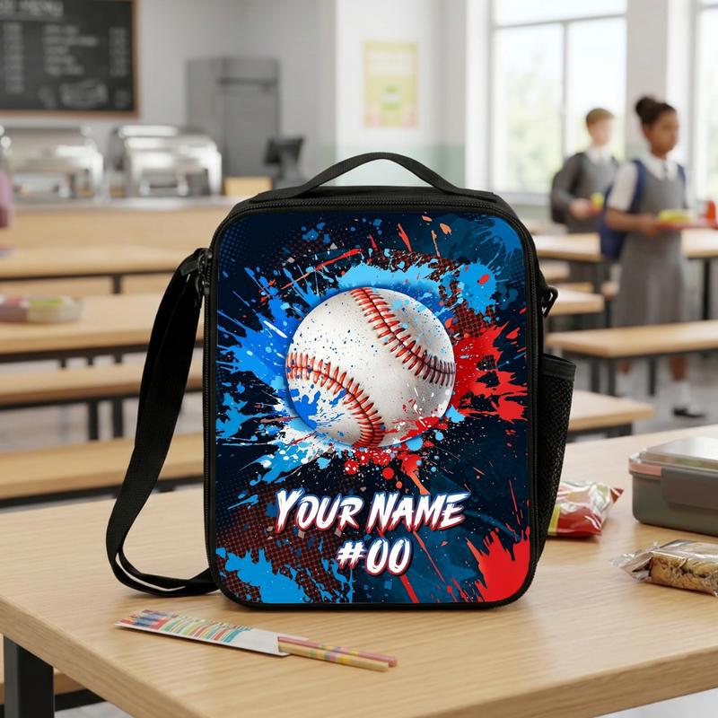 Custom Baseball Lunch Bag - Name Number Paint Splash Design Lunch Box Bag