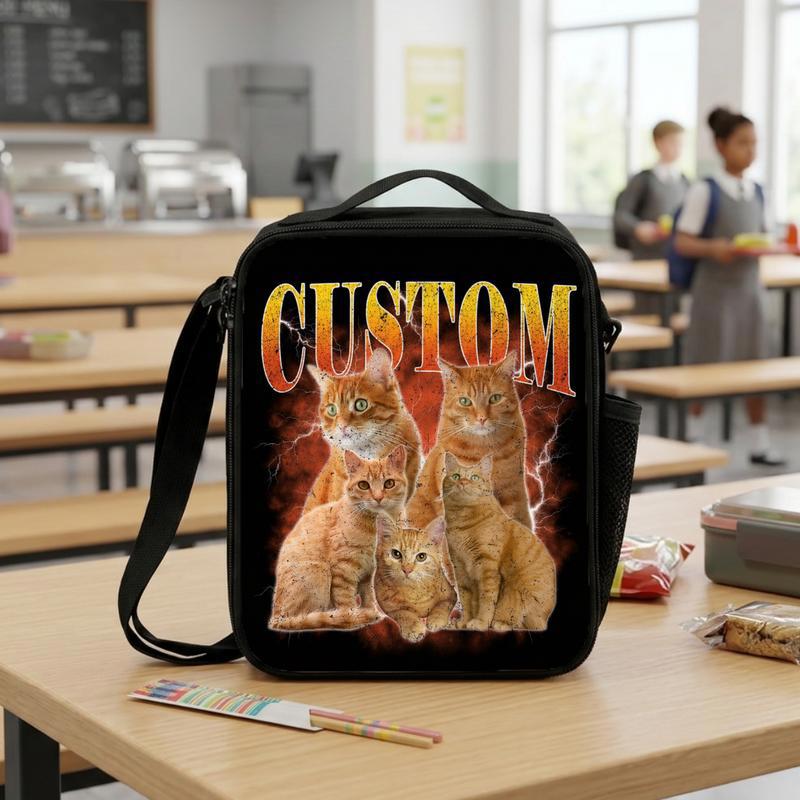 Custom Cat Photo Bootleg Shirt, Vintage Style Graphic Tee, Personalized Pet Gift Lunch Box Bag