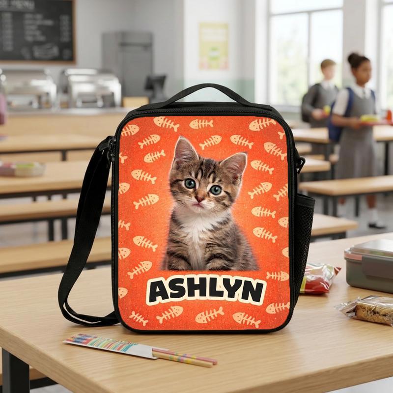 Custom Cat Portrait - Fish Bones Background Lunch Box Bag Custom Cat Portrait - Fish Bones Background Lunch Box Bag