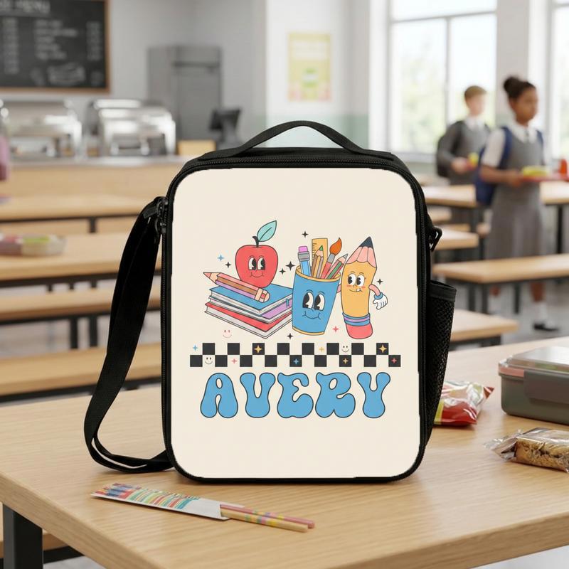 Custom Name School Icons Checkerboard - Cute Kids Lunch Bag Lunch Box Bag