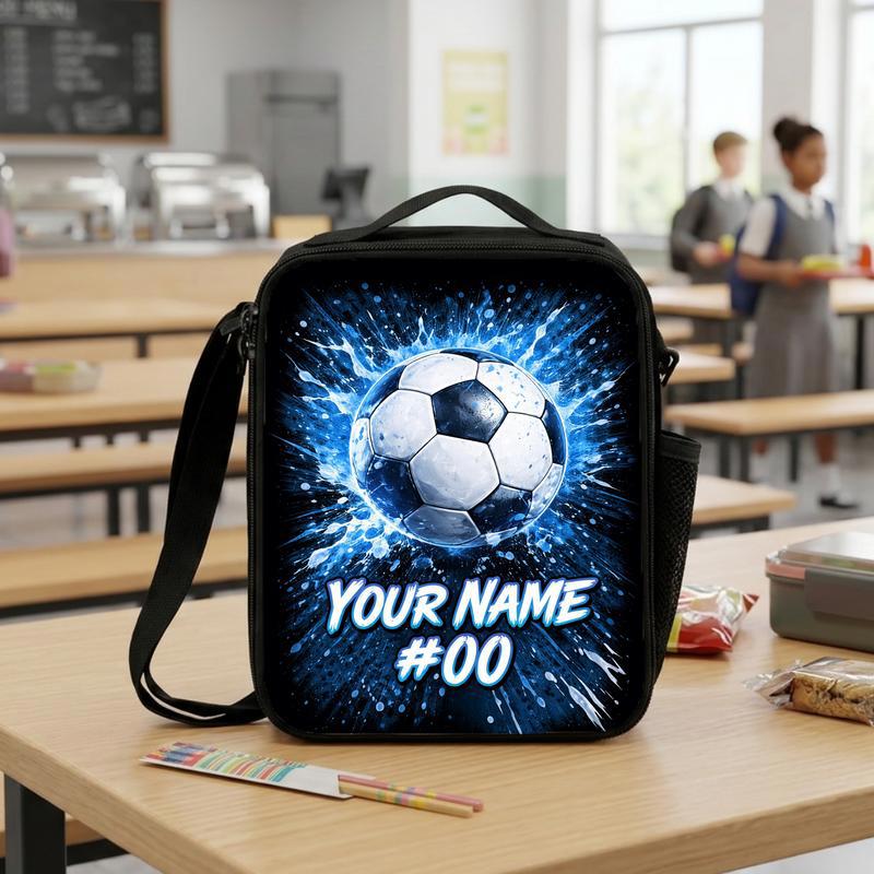 Custom Name Soccer Lunch Bag - Blue Splash With Number Design Lunch Box Bag