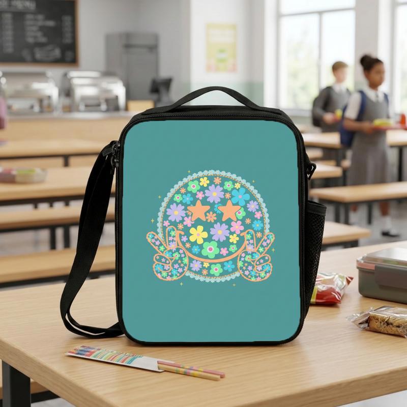 Floral Smiley Lunch Bag - Cute Retro Kids Back To School Lunch Box Bag