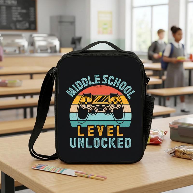 Middle School Level Unlocked Lunch Bag - Retro Gamer School Style Lunch Box Bag