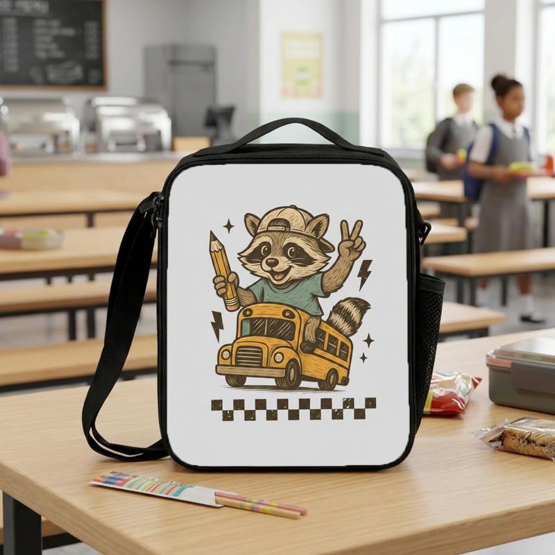 Raccoon School Bus Lunch Bag - Kids Back To School Fun Lunch Box Bag