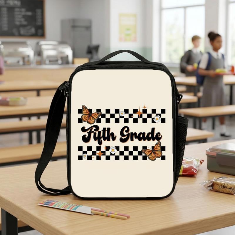 Retro 5th Grade Lunch Bag - Elementary School Butterfly Checkered Lunch Box Bag