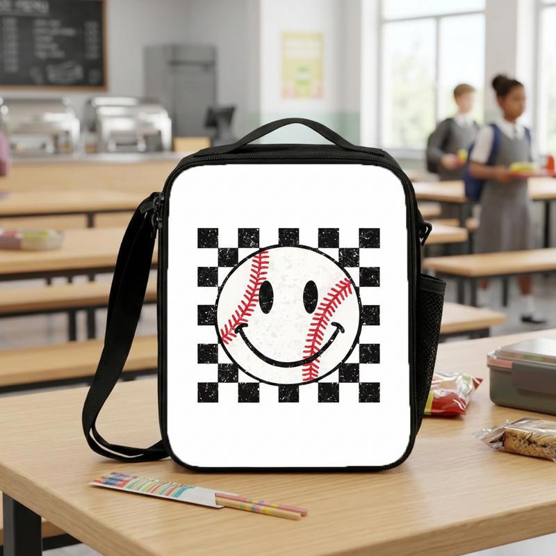 Smiley Face Baseball Lunch Bag - Retro Checkered Kids Bag Lunch Box Bag