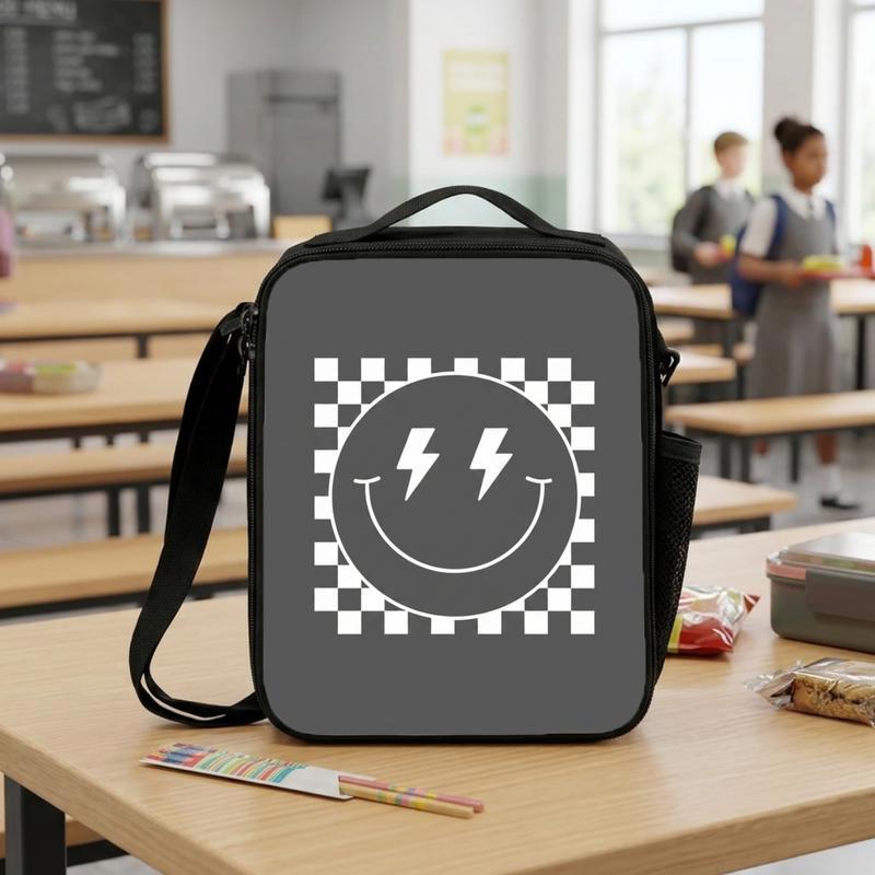Smiley Lightning Face Checkerboard - Trendy Kids Lunch Bag Lunch Box Bag