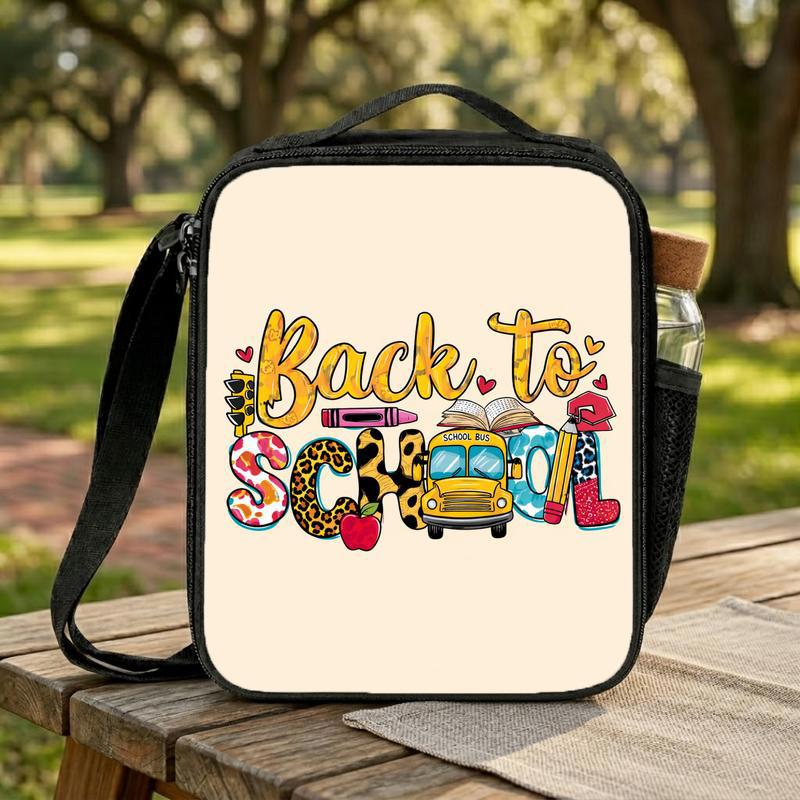 Back To School Kids Lunch Bag - Cute Bus & School Icons Lunch Box Bag