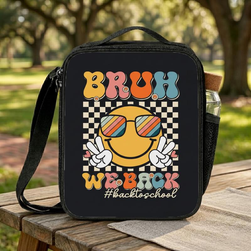 Bruh We Back Lunch Bag - Funny Smiley School Style Lunch Box Bag Bruh We Back Lunch Bag - Funny Smiley School Style Lunch Box Bag