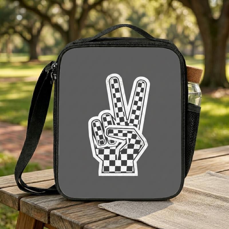 Checkerboard Peace Hand Lunch Bag - Retro Cool School Style Lunch Box Bag Checkerboard Peace Hand Lunch Bag - Retro Cool School Style Lunch Box Bag