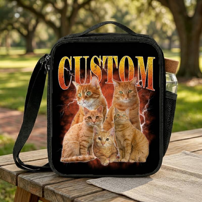 Custom Cat Photo Bootleg Shirt, Vintage Style Graphic Tee, Personalized Pet Gift Lunch Box Bag