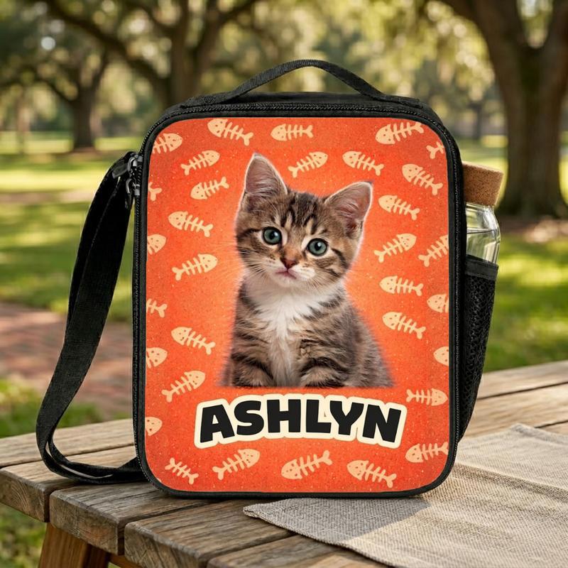 Custom Cat Portrait - Fish Bones Background Lunch Box Bag Custom Cat Portrait - Fish Bones Background Lunch Box Bag