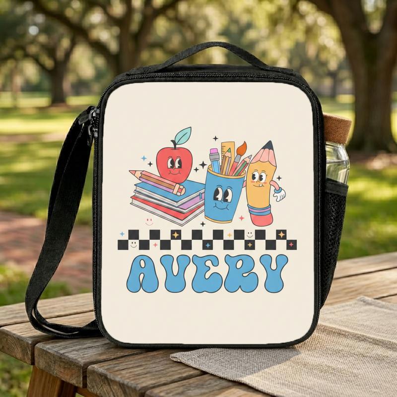 Custom Name School Icons Checkerboard - Cute Kids Lunch Bag Lunch Box Bag