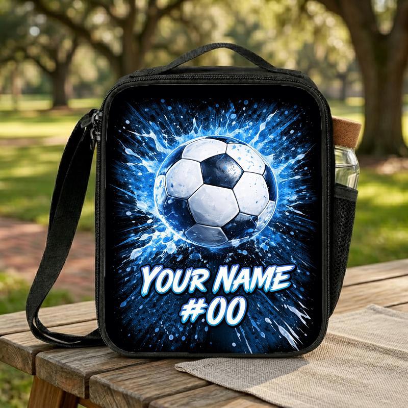 Custom Name Soccer Lunch Bag - Blue Splash With Number Design Lunch Box Bag
