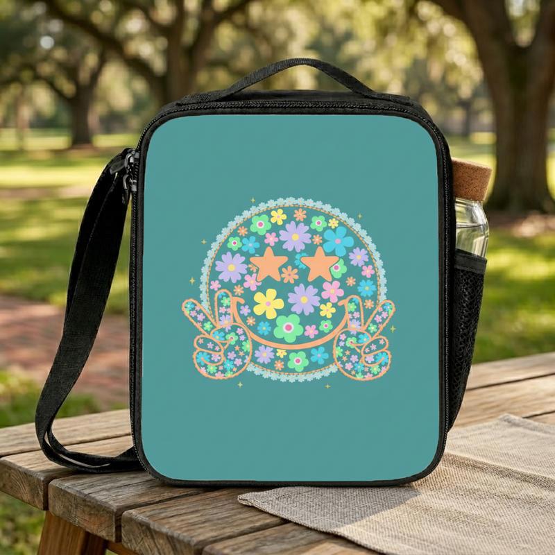 Floral Smiley Lunch Bag - Cute Retro Kids Back To School Lunch Box Bag