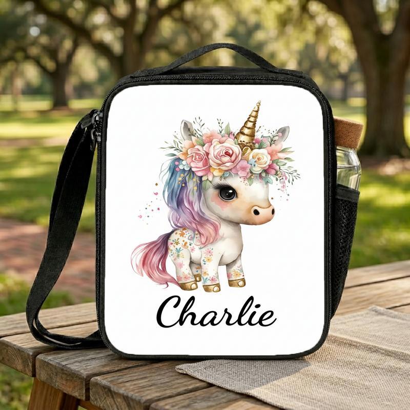 Floral Unicorn Lunch Bag - Custom Name Cute Kids Lunch Box Bag