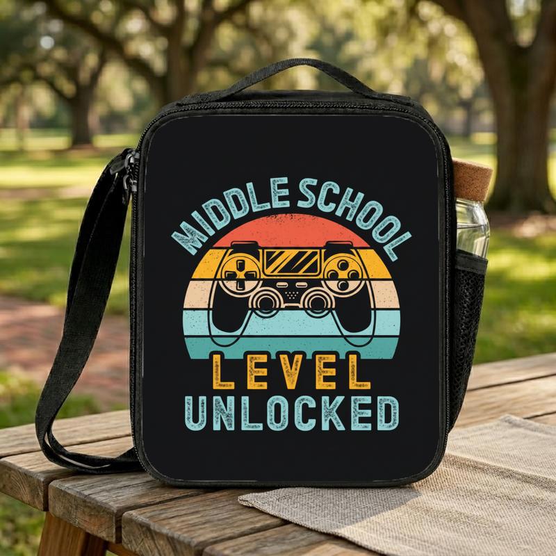 Middle School Level Unlocked Lunch Bag - Retro Gamer School Style Lunch Box Bag