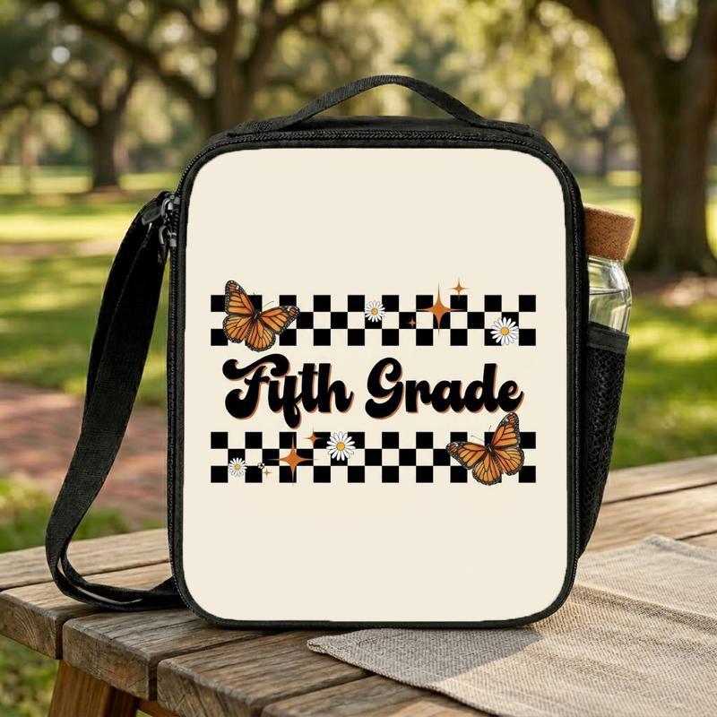 Retro 5th Grade Lunch Bag - Elementary School Butterfly Checkered Lunch Box Bag
