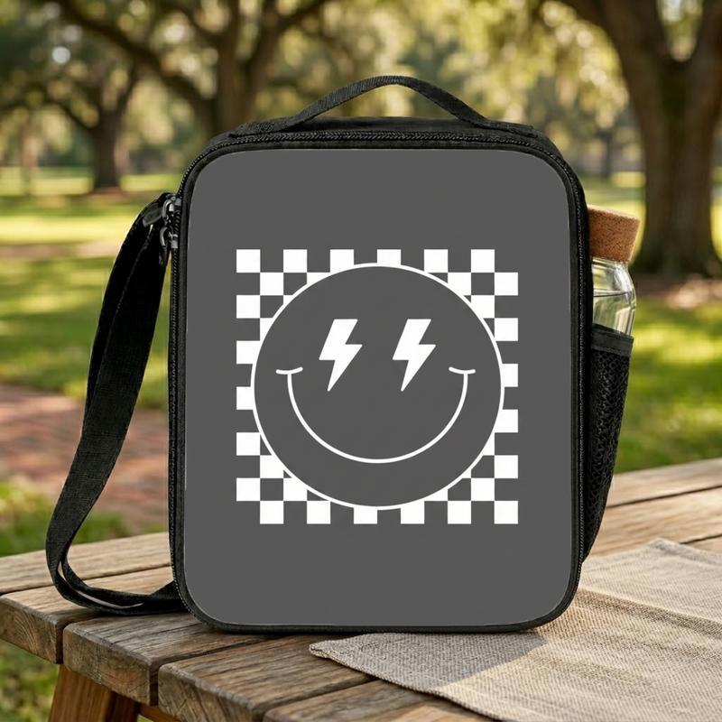 Smiley Lightning Face Checkerboard - Trendy Kids Lunch Bag Lunch Box Bag