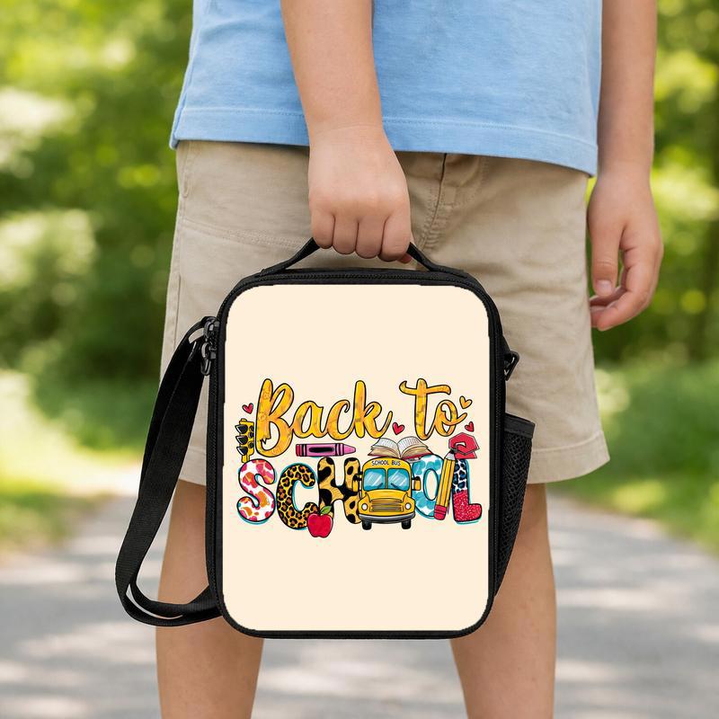 Back To School Kids Lunch Bag - Cute Bus & School Icons Lunch Box Bag