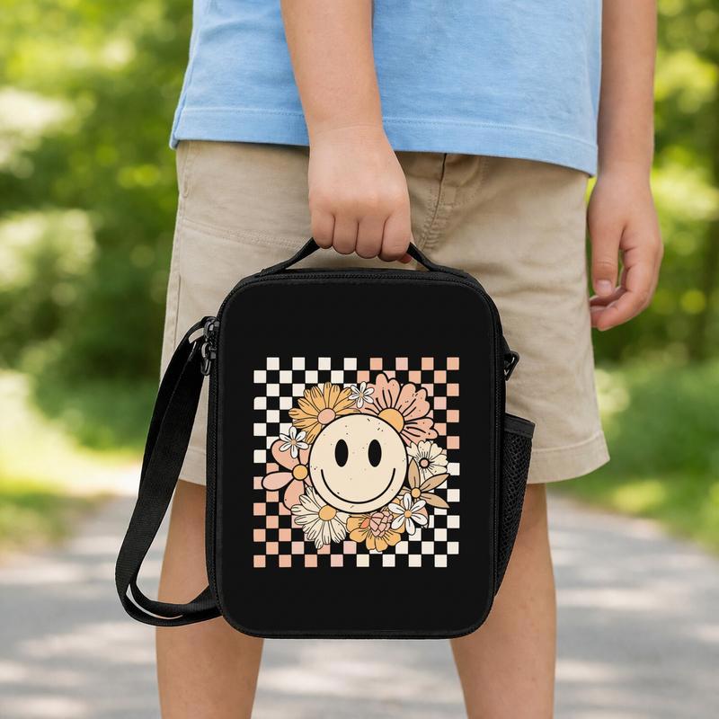 Boho Smiley Flower Lunch Bag - Cute Kids Back To School Lunch Box Bag