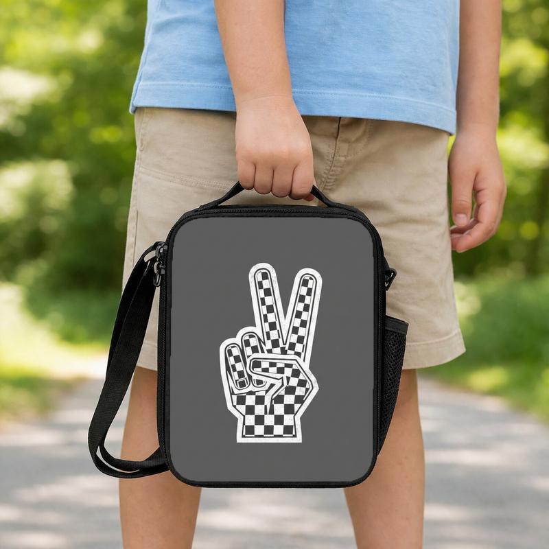 Checkerboard Peace Hand Lunch Bag - Retro Cool School Style Lunch Box Bag Checkerboard Peace Hand Lunch Bag - Retro Cool School Style Lunch Box Bag