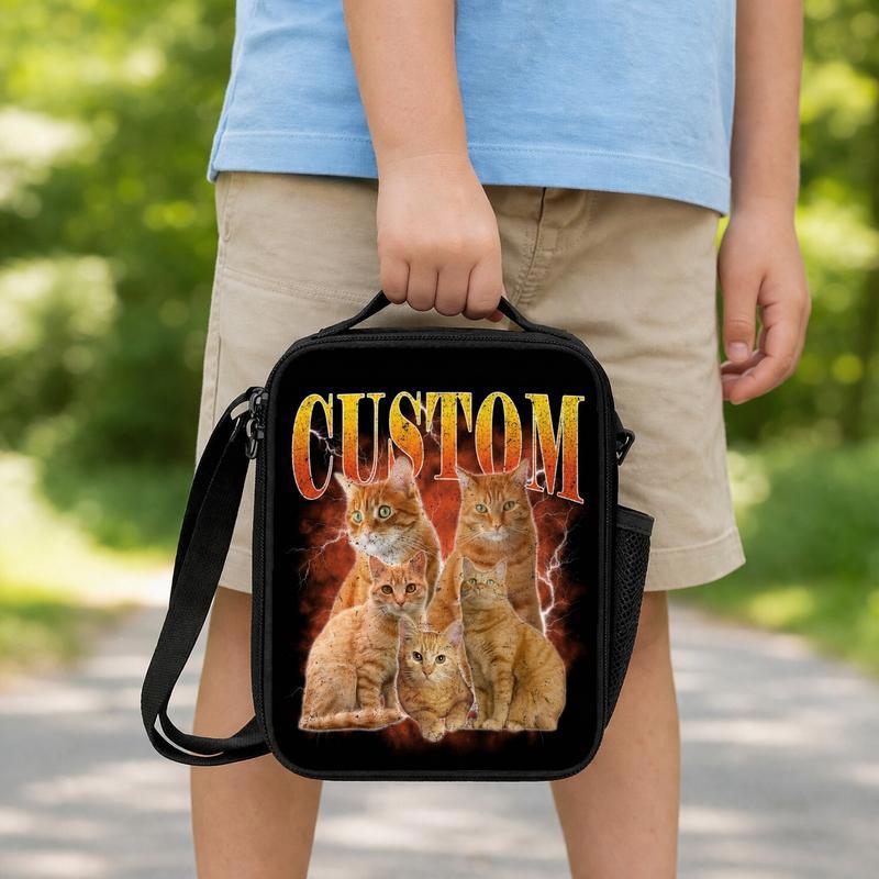 Custom Cat Photo Bootleg Shirt, Vintage Style Graphic Tee, Personalized Pet Gift Lunch Box Bag
