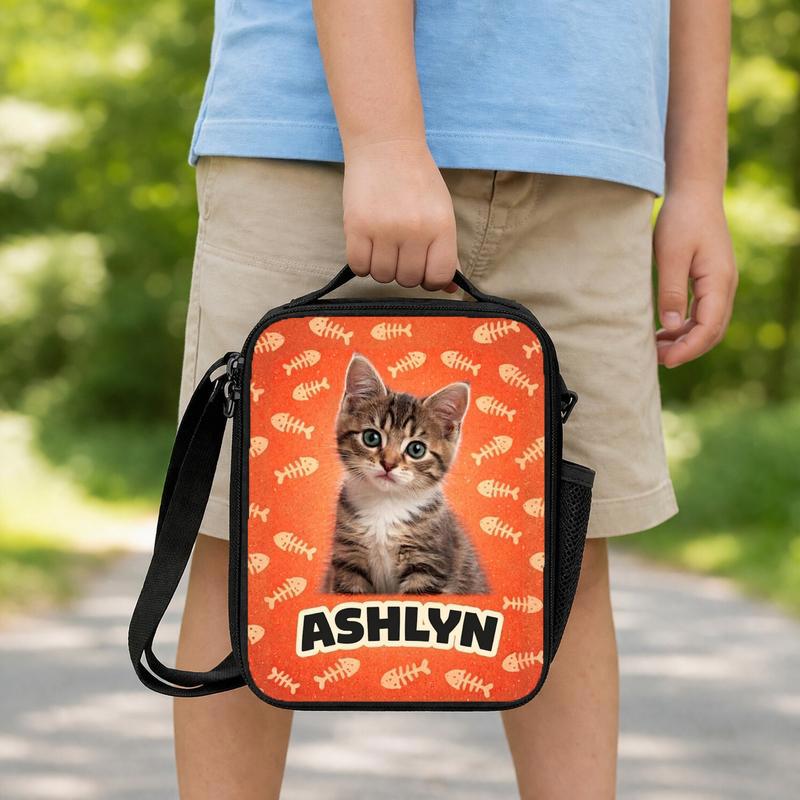 Custom Cat Portrait - Fish Bones Background Lunch Box Bag Custom Cat Portrait - Fish Bones Background Lunch Box Bag