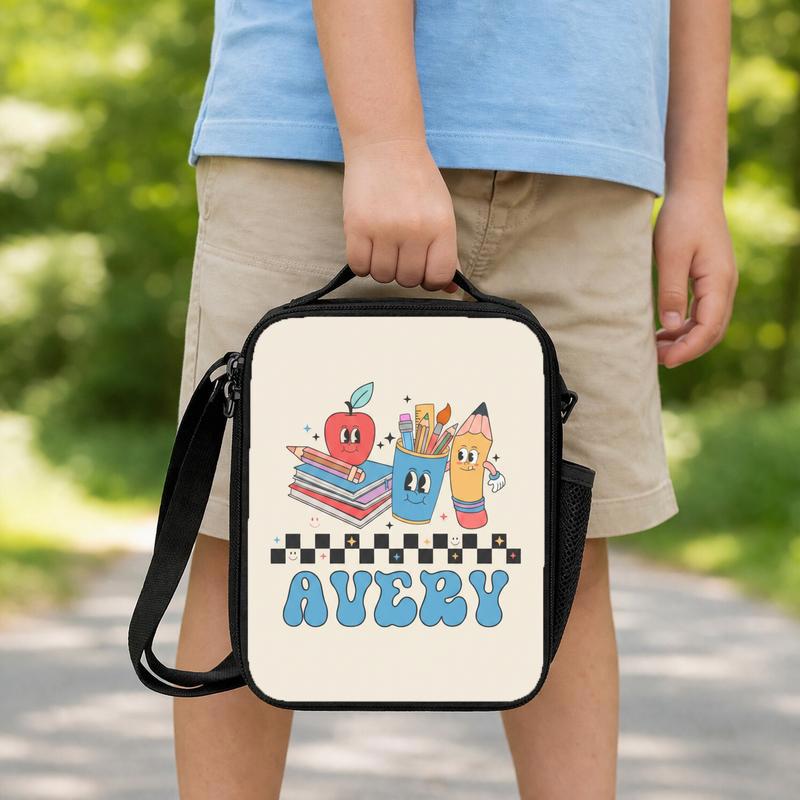 Custom Name School Icons Checkerboard - Cute Kids Lunch Bag Lunch Box Bag