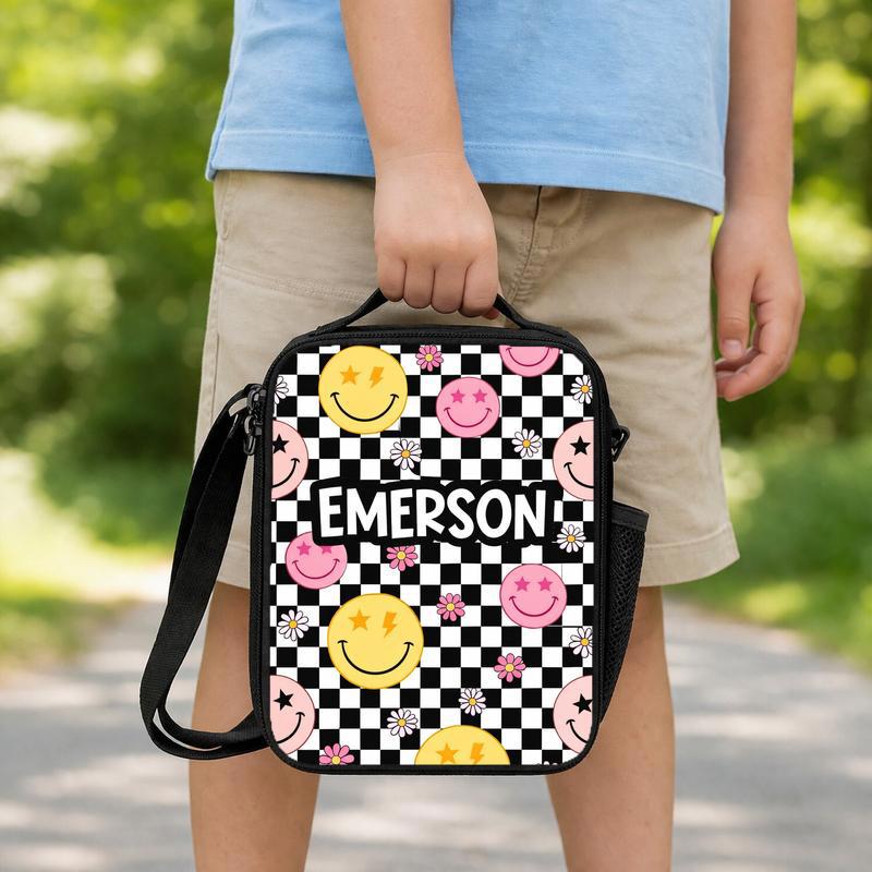 Custom Name Smiley Lunch Bag - Personalized Kids School Lunch Box Bag