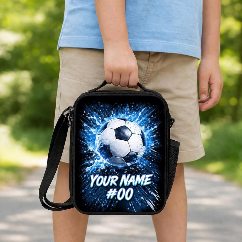 Custom Name Soccer Lunch Bag - Blue Splash With Number Design Lunch Box Bag