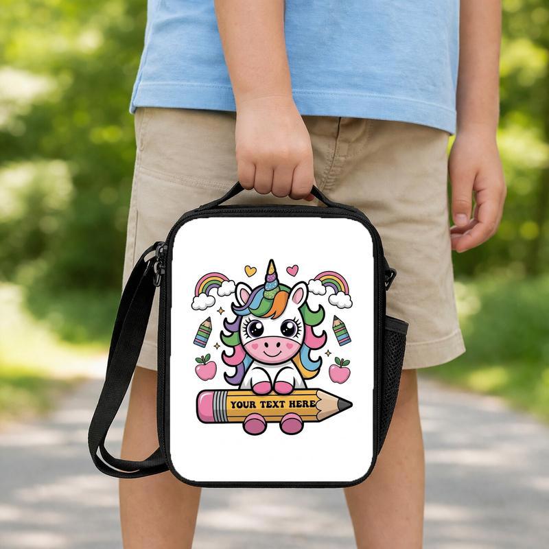 Custom Name Unicorn Lunch Bag - Pencil School Theme Lunch Box Bag