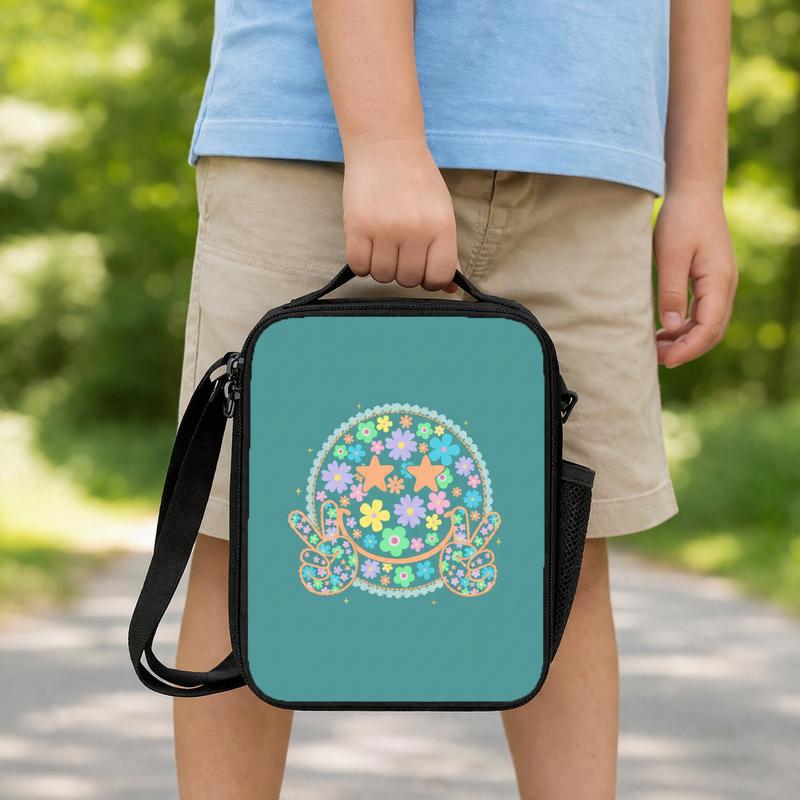Floral Smiley Lunch Bag - Cute Retro Kids Back To School Lunch Box Bag
