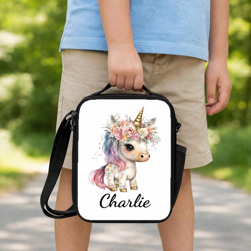 Floral Unicorn Lunch Bag - Custom Name Cute Kids Lunch Box Bag