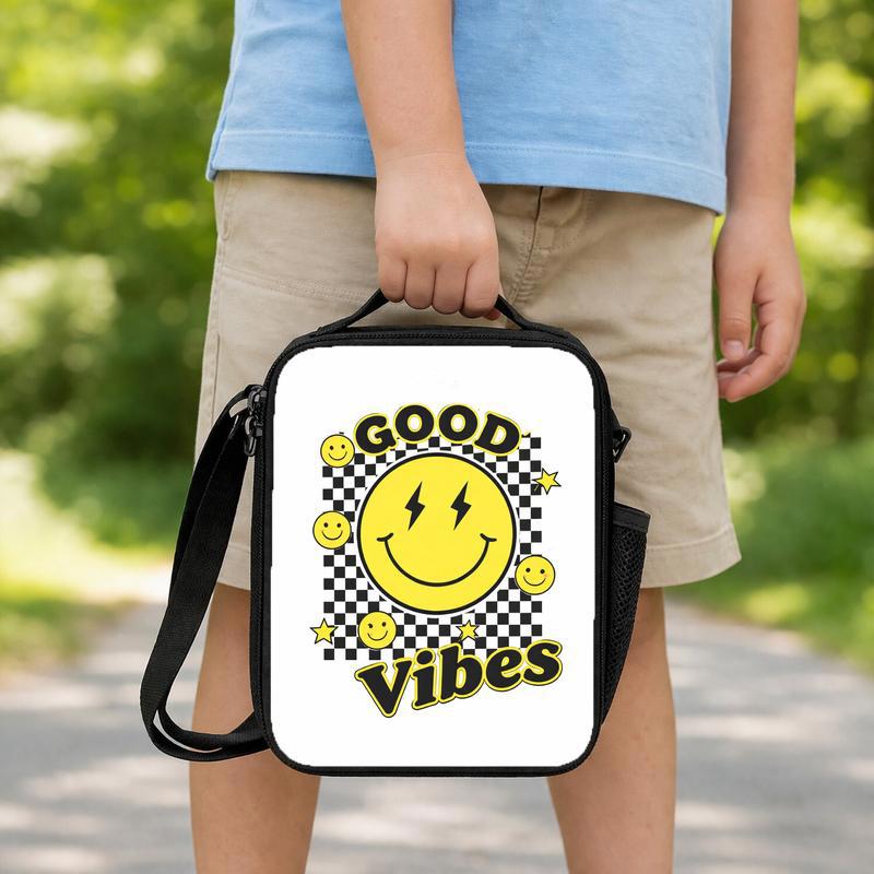 Good Vibes Smiley Lunch Bag - Retro Kids School Style Lunch Box Bag