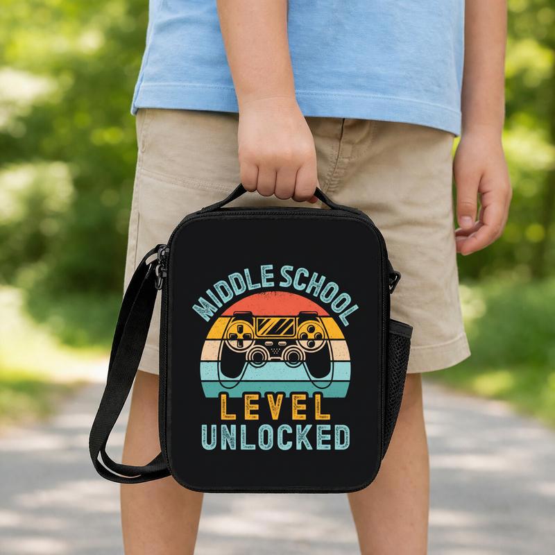 Middle School Level Unlocked Lunch Bag - Retro Gamer School Style Lunch Box Bag