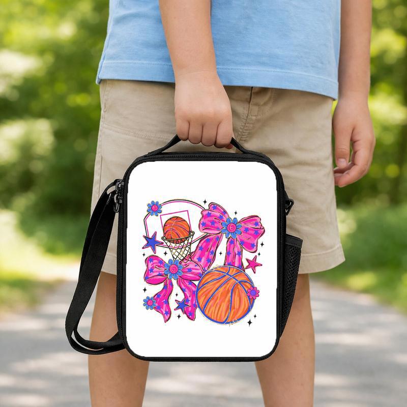 Pink Basketball Lunch Bag - Back To School Girl Bow Sport Style Lunch Box Bag