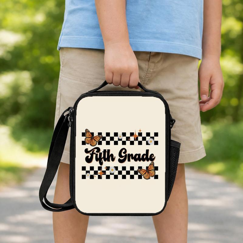 Retro 5th Grade Lunch Bag - Elementary School Butterfly Checkered Lunch Box Bag