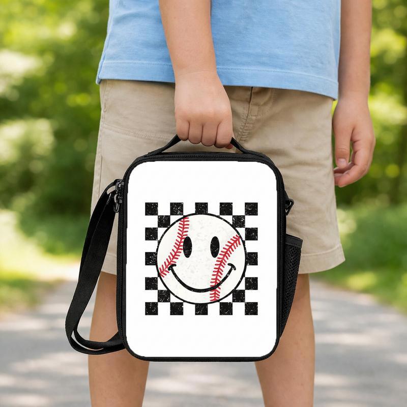 Smiley Face Baseball Lunch Bag - Retro Checkered Kids Bag Lunch Box Bag