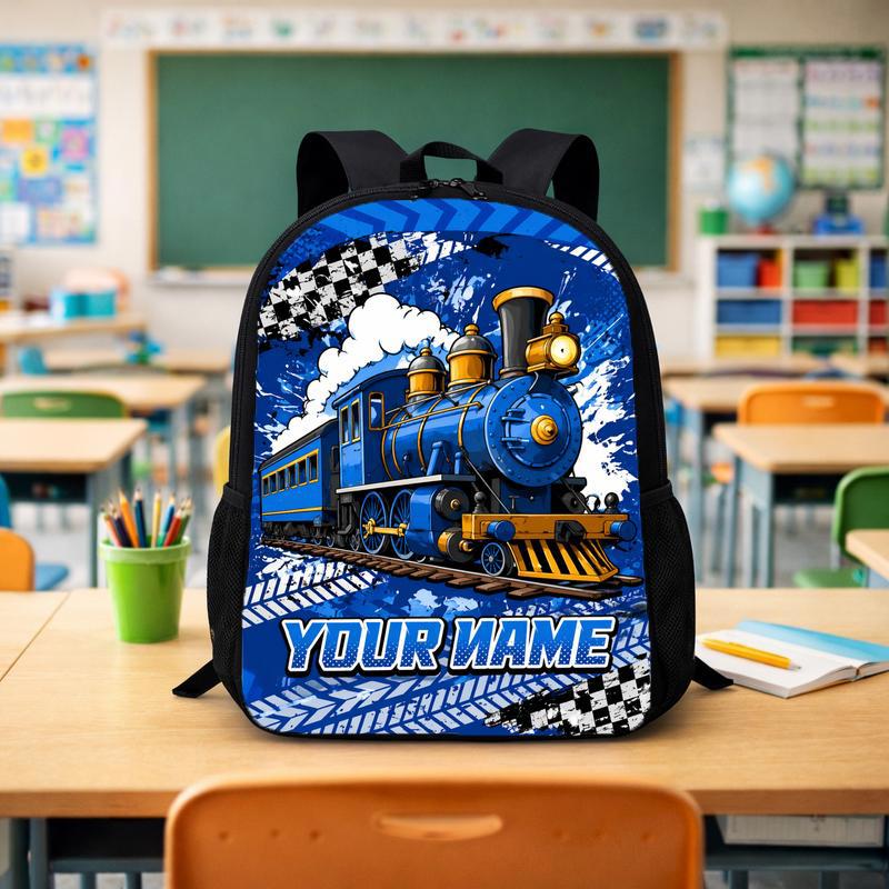 Custom Name Train Backpack - Cool Blue Train School Design Custom Backpack - Savourry